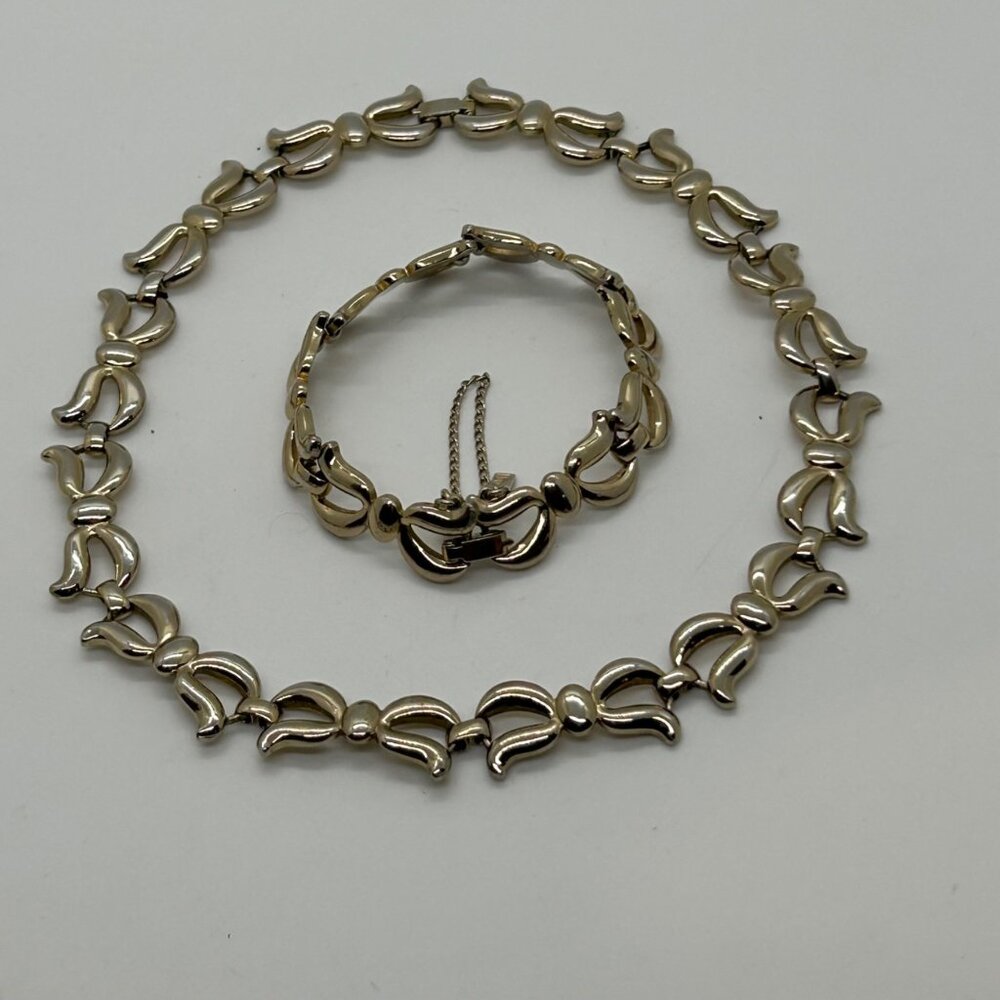 Vintage Monet Silver-Tone Bow Link Necklace & Bracelet Wedding Formal Prom